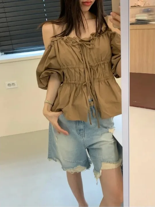 Faionable oulder Bared Belted irt Damen Sommer New Folded Bubble Sve Strap on Top Straight Tube Pure Color Commute