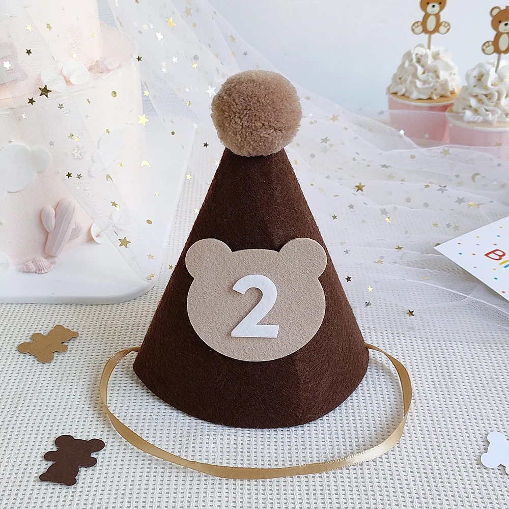 Birthday Hat Kids Brown Coffee Bear Hat 1st 2nd 3rd Year Old Baby Cap The First One 2 3 Year Birthday Party Supplies Photo Props