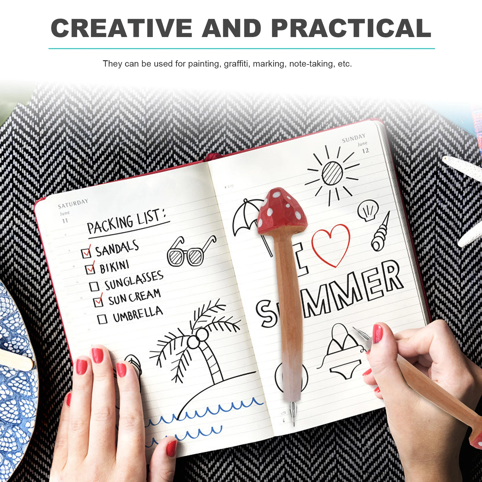 Bolígrafo con grabado de madera de seta roja, papelería bonita de 0 a 5mm, suministros escolares y de oficina para niños y estudiantes, regalos de escritura