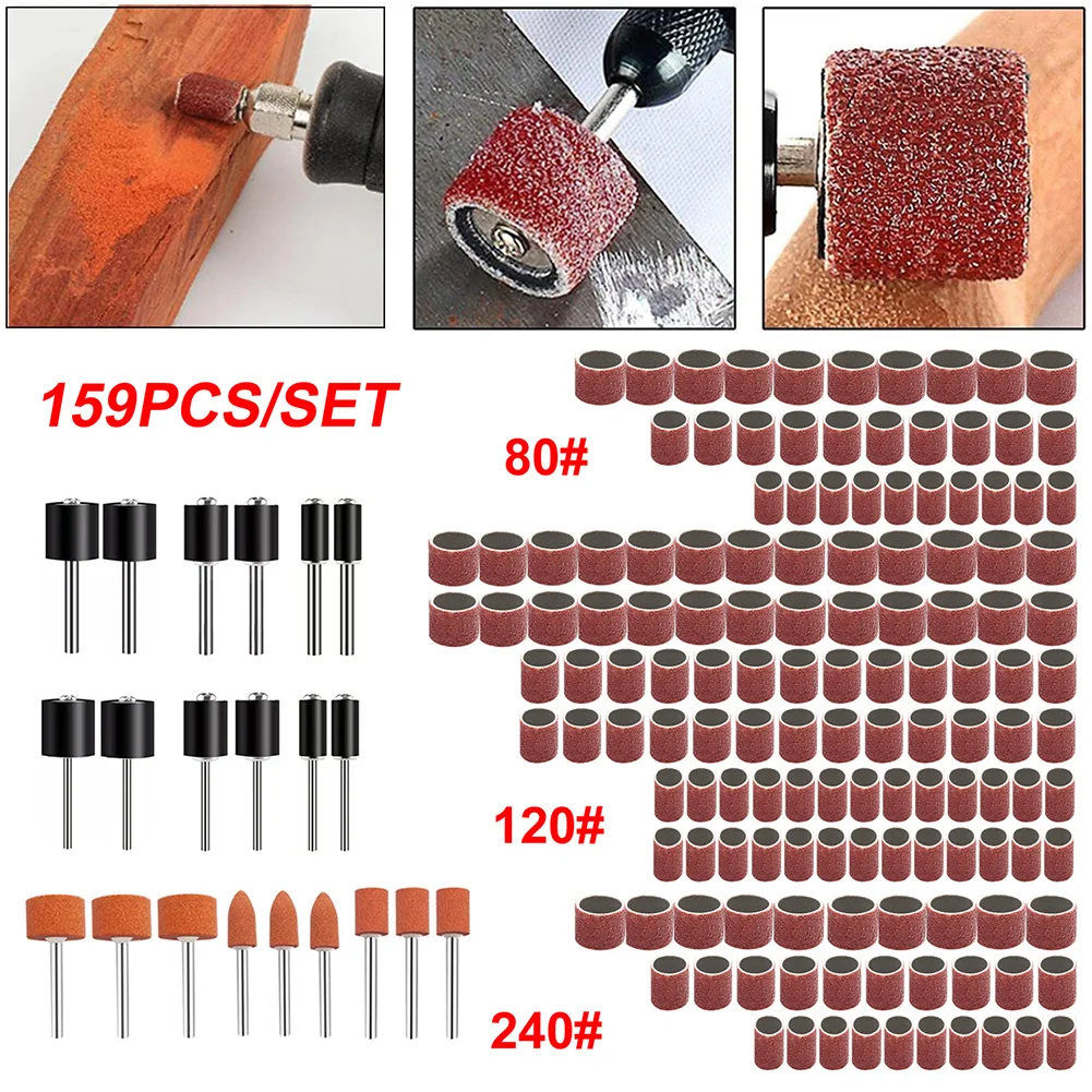 159Pcs Sanding Drum Kit For Rotary Tool 80, 120, 240 Grit Sandpaper Metal Rust Removal Jade Polishing Wood Root- Grinding Tools