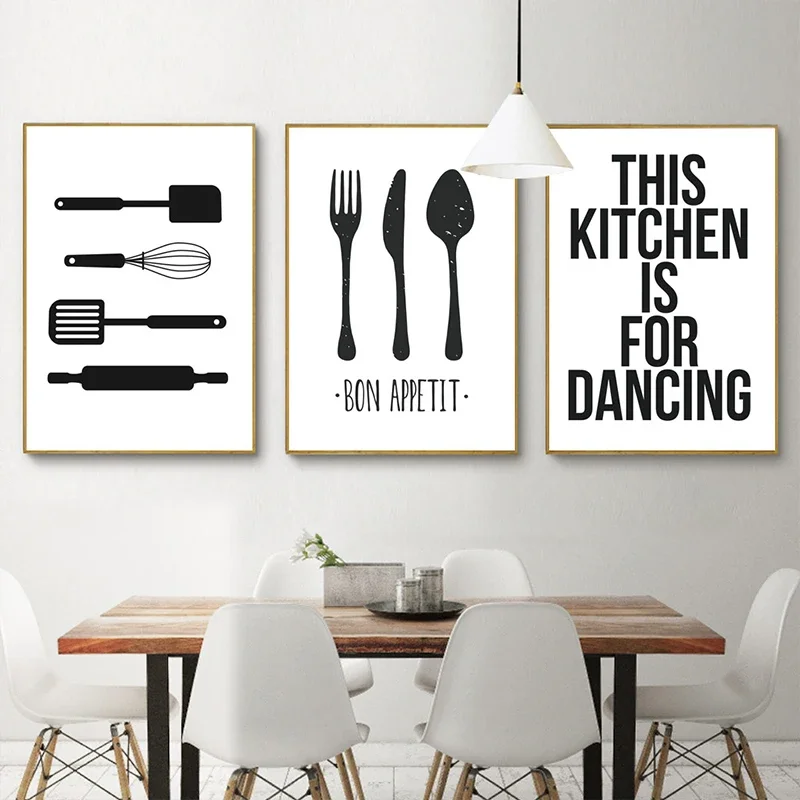 Imágenes de vajilla de cocina, pintura en lienzo en la pared, póster minimalista, impresión artística en blanco y negro, decoración moderna para el hogar, restaurante de habitación