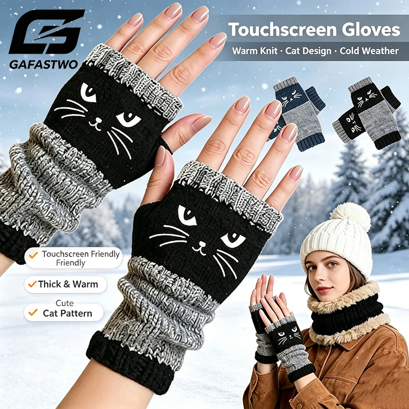 Thermal Winter Gloves Warm Cute Cat Fingerless Gloves Halloween Christmas Unisex Anti-Cold Thickened Touchscreen Mittens
