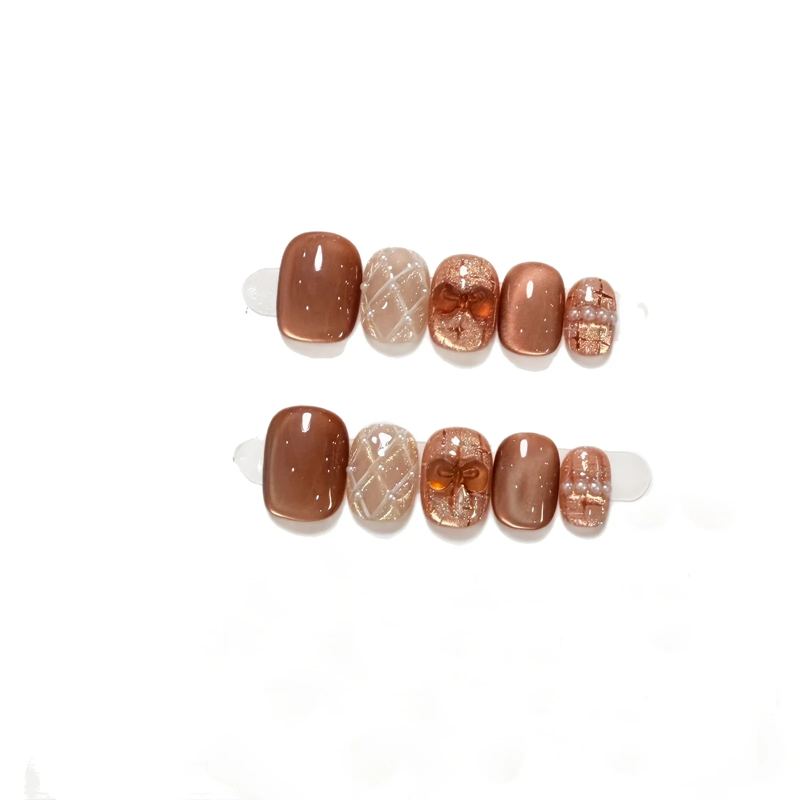 10 szt. Ręcznie Robione Paznokcie Dociskane Brązowy Wzór Diamentowy Kokarda Pełne Pokrycie Końcówki Paznokci dla Kobiet i Dziewcząt Zdejmowane Noszone Sztuczne Paznokcie