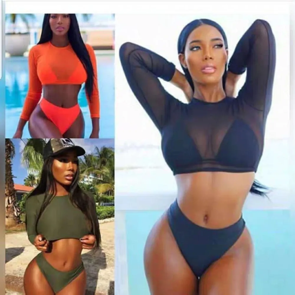 

Trendy Sexy 2024 Bikini Set Bikini 3pc Long Sleeve Swimwear Sheer Mesh Cover Up Womens Swimsuits Beach Cover Up Party