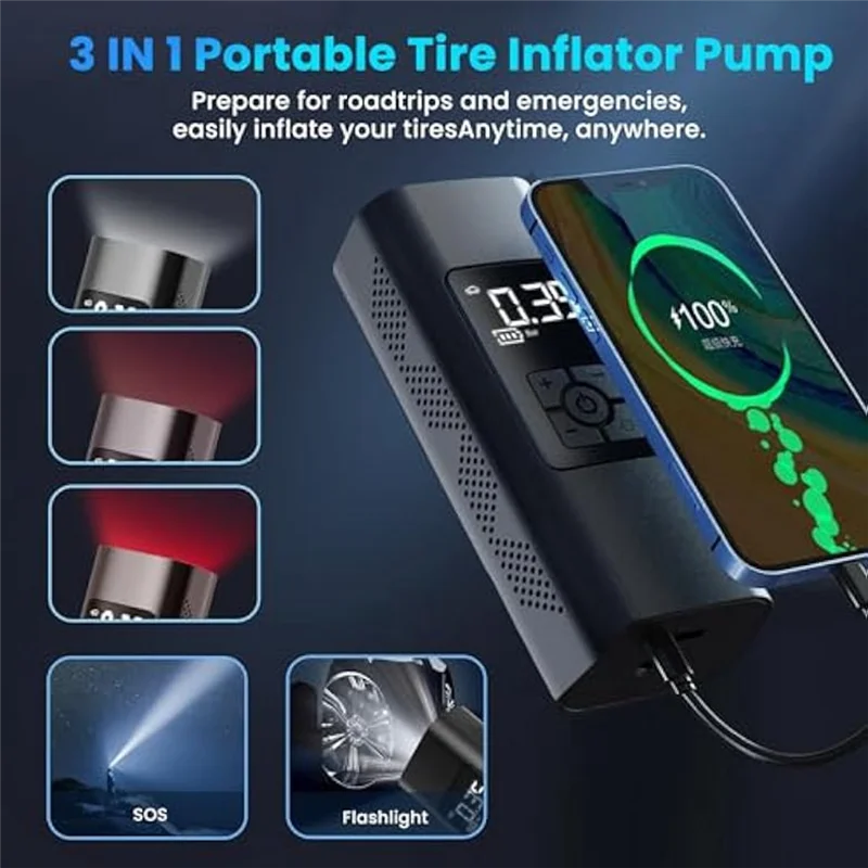 

ABHY-Tire Inflator Portable Air Compressor,150PSI Cordless Portable Air Pump For Car Tires,LCD Display Portable Tire Inflator