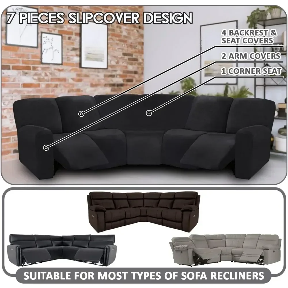 7-Piece L Shape Sectional Recliner Sofa Covers Velvet Stretch Reclining Couch Covers for Sofa Thick Soft