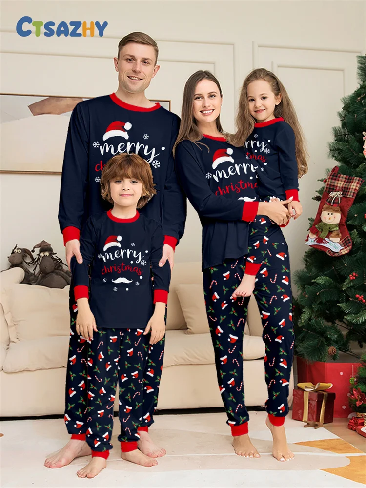 Merry Christmas Cartoon Pattern Mom Dad Kids Matching Pajamas Set 2 Pieces Suit Baby Romper Soft Loose Xmas Family Look Pyjamas