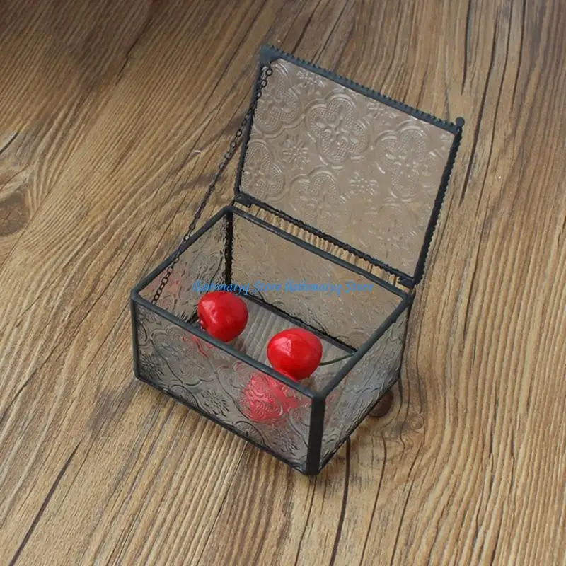 573B Small Glass Jewelry Box with Embossed Pattern Panels and Dark Metal Frame, Hinged Accessory Storage Box for Vanity, Shelf