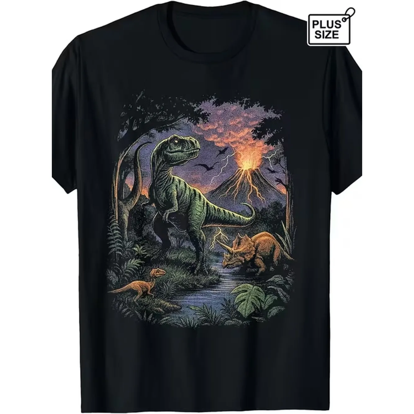 Vintage 90S Retro Dinosaur T Shirt T Rex Triceratops Volcano Graphic Tee Suitable For Casual Wear Machine Washable Apparel With Round Neck For Themed Parties Everyday Outfits Classic Rmale Printed Fashion Daily Short Sleeve Tee