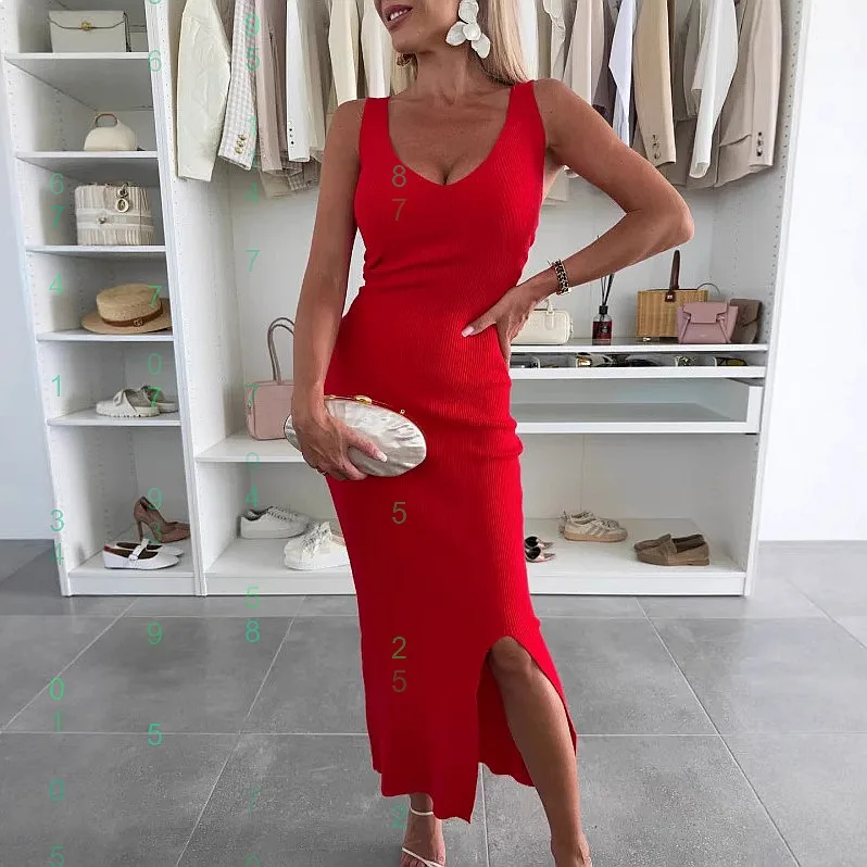 

Women V Neck Elegant Split Knit Bodycon Dress Dresses Spring Summer Slim Fit Solid Color