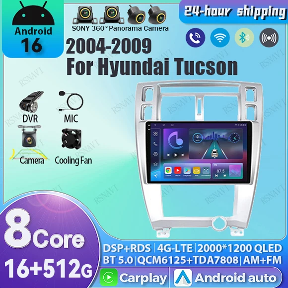 Android 16 Für Hyundai Tucson 1 2004-2009 LHD 2K QLED Stereo Autoradio Multimedia-Videoplayer GPS AI Sprachsteuerung Haupteinheit 4G CarPlay
