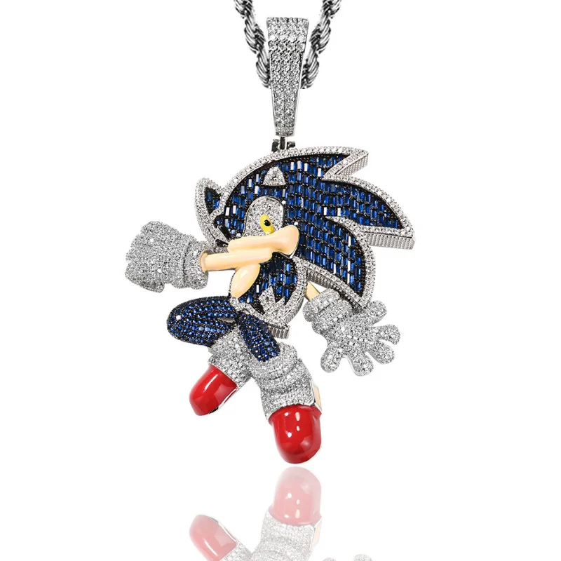 

New Anime Sonic The Hedgehog Stone Blue Cubic Zirconia Solid Back Necklace Pendant Anime Cartoon Necklace Fashion Charm Jewelry