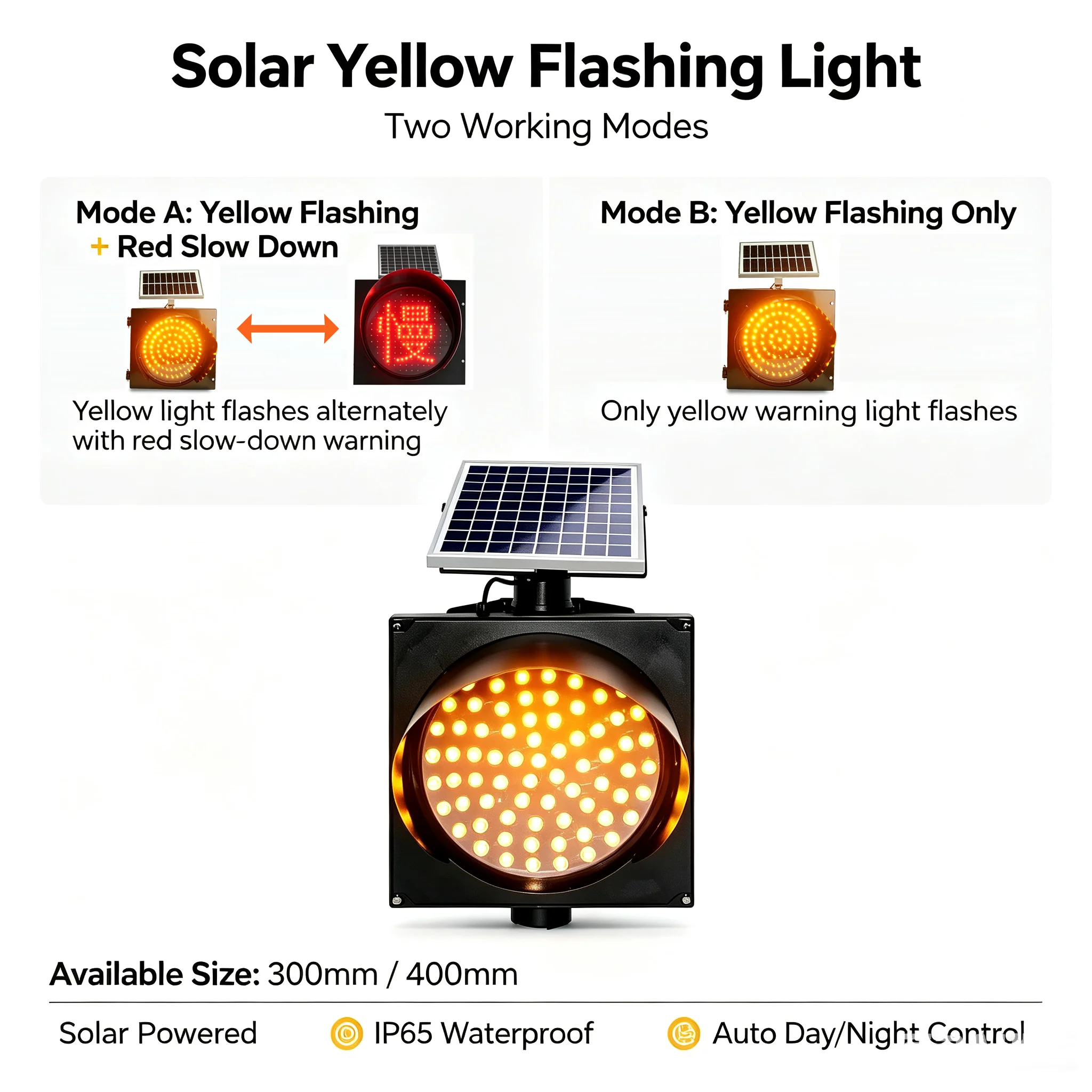 400mm Solar Powered Road Construction Yellow Flashing Light Traffic Warning Signal Lamp for Safety