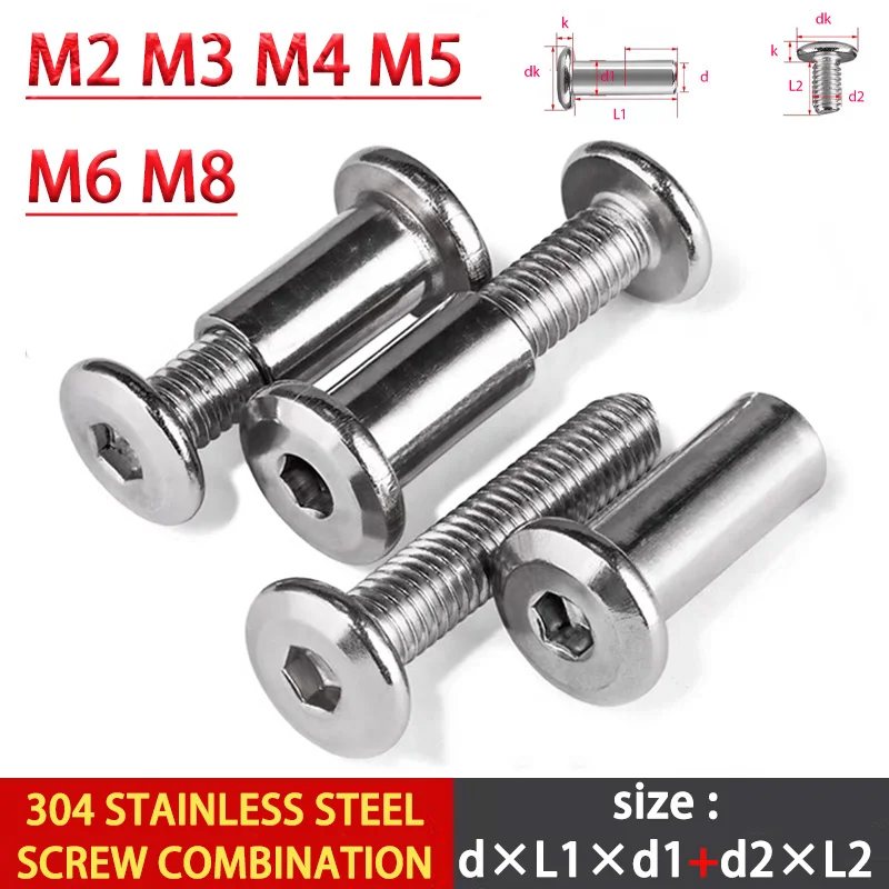 1-20pcs M2~M8 304 Stainless Steel Furniture Nut With Screw Flat Hex Splint Screw Nut Combination Album Butt Account Book Nail