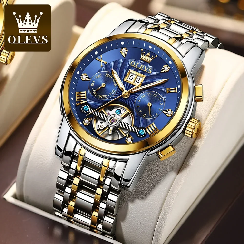 OLEVS Luxury Automatic Watches for Men Mechanical Skeleton Luminous Stainless Steel Men\'s Watch Replica Watches Male Wrist Watch