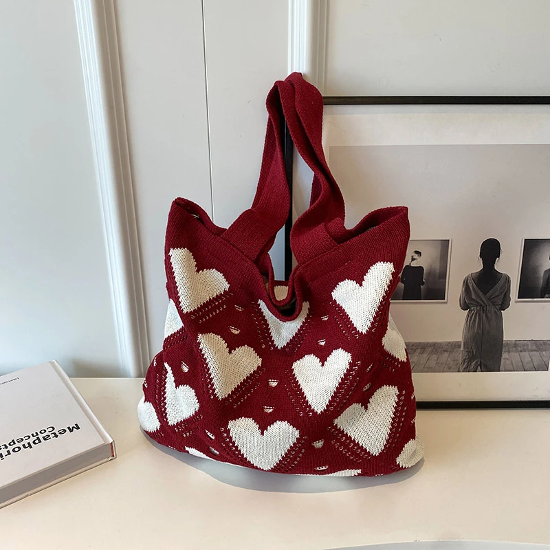 Knitted Tote Bag Red White Heart Pattern Large Capacity Shoulder Bag Vintage Aesthetic Shopping Daily Casual Knit Shopper Bags