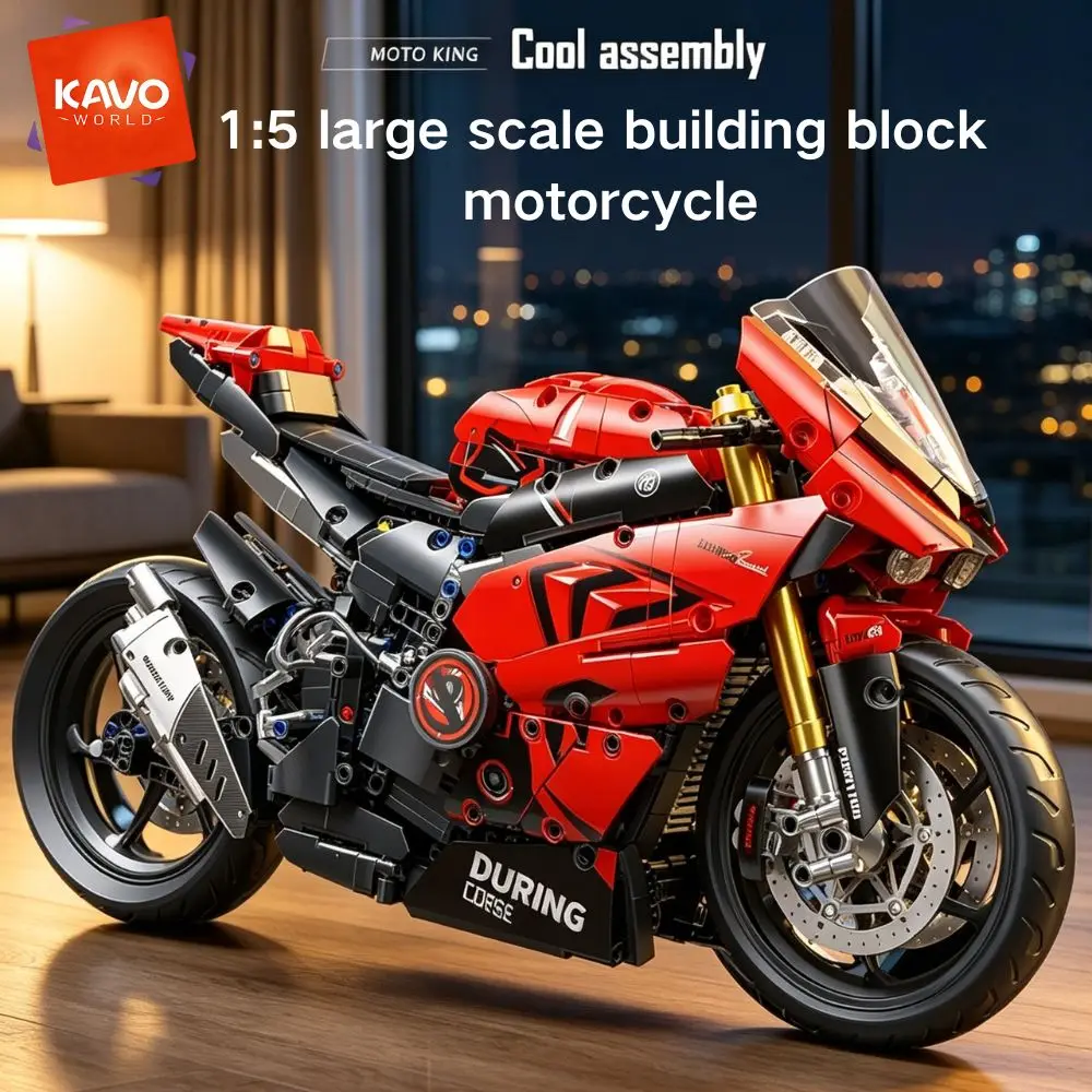 KAVOWORLD 1:5 Scale Building Block Super Motorbike Model Kit 2024pcs Technical Racing STEM Assembled Motorcycle Toys Sport Bike Bricks Model DIY Construction Toy with Front Rear Suspension Steerable Front Wheel Chain for Christmas Birthday Boyfriend Gift