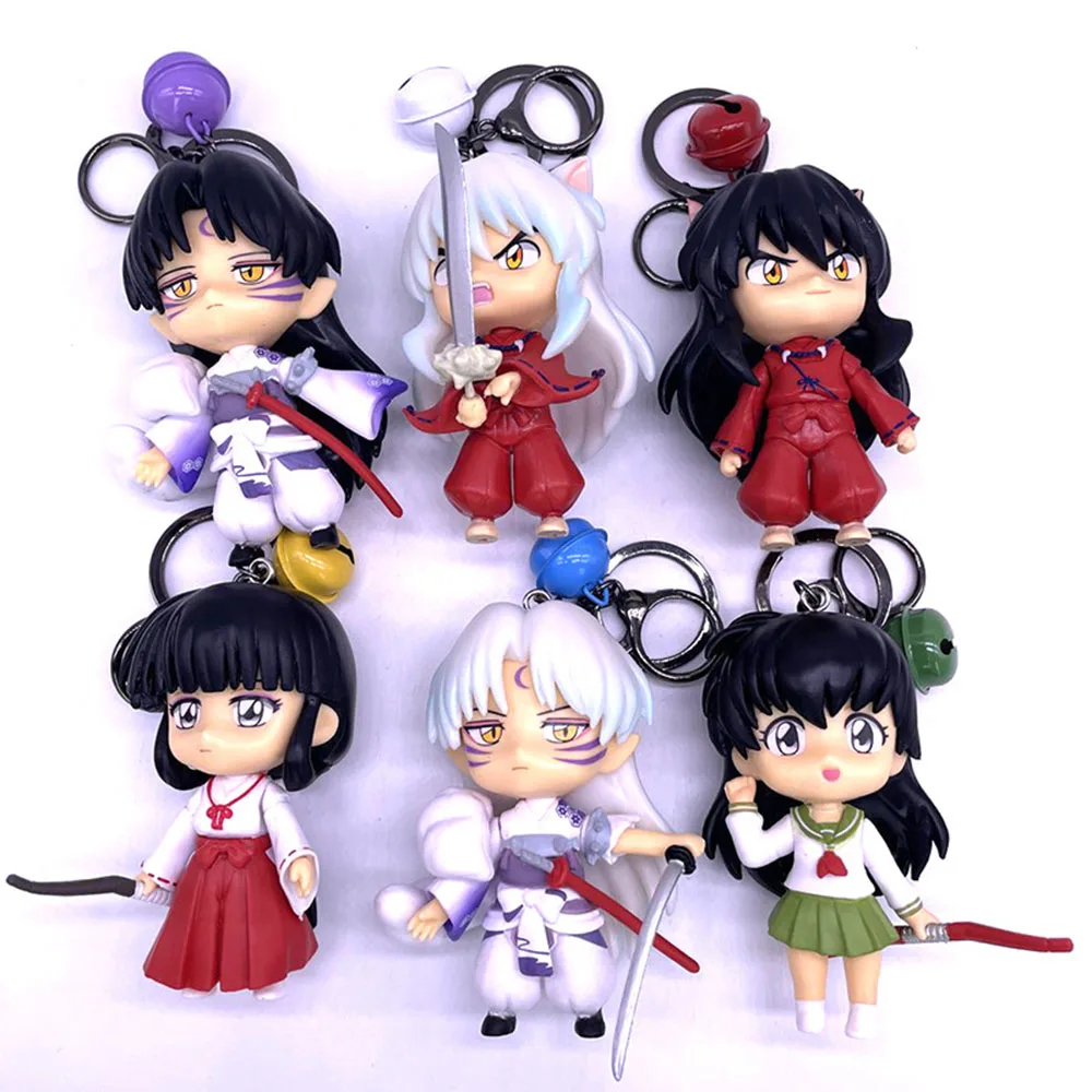 6Pcs/Set 10CM Inuyasha Q Version Sesshoumaru Higurashi Kagome Kikyo Keychain Bell Toys Pendant PVC Action Figure Model Keyholder