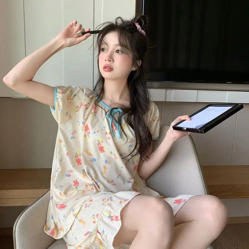 Women's Pajama Set Fashion Homewear Homewear Set Cotton Casual Wearable Out Cute Bear Print Sweet Contrast Color Summer New