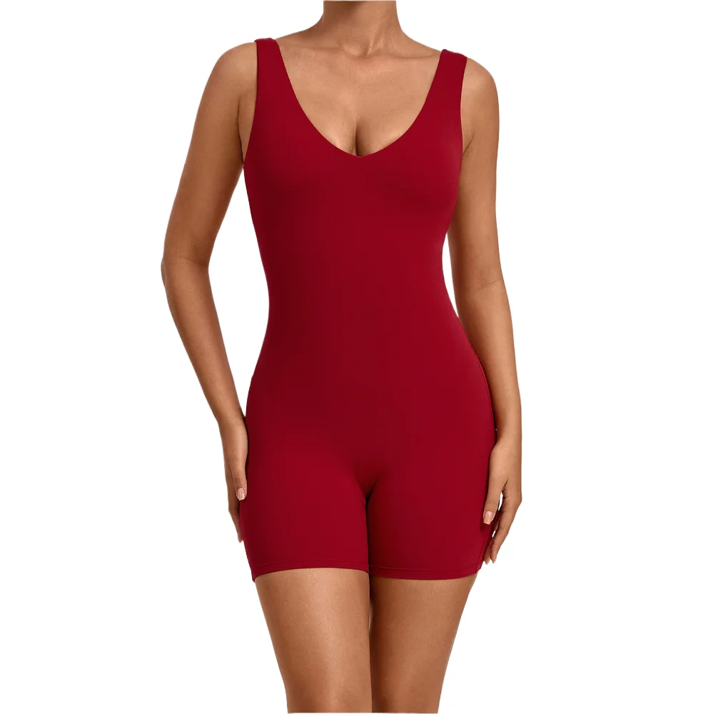 V Neck U Back Short Yoga Bodysuit Women Tummy Butt Lift High Stretch One Piece Jumpsuit Sweat Wicking Gym Training Sports Suit