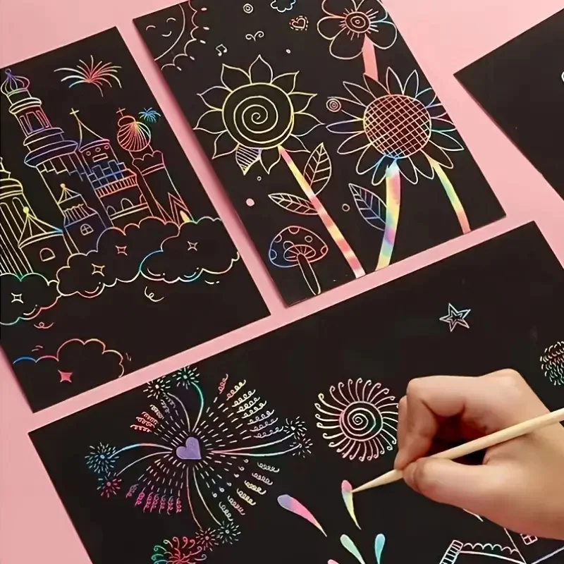 1Pc Rainbow Scratch Notebooks, 12 Pages Total, Art & Crafts Color Drawing Paper Kit, Game Party Favors, Christmas & Easter Toys