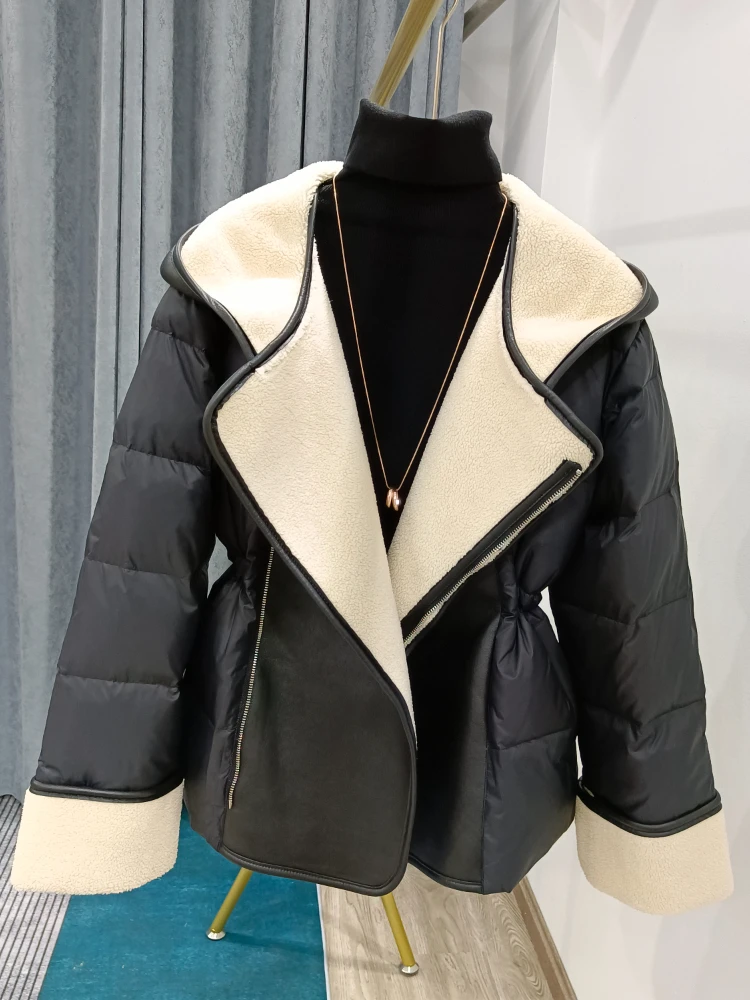 FTLZZ New Winter Faux Lamb Leather Patchwork White Duck Down Coat Women Fashion Hooded Zipper Jacket Lady Thick Warm Outwear