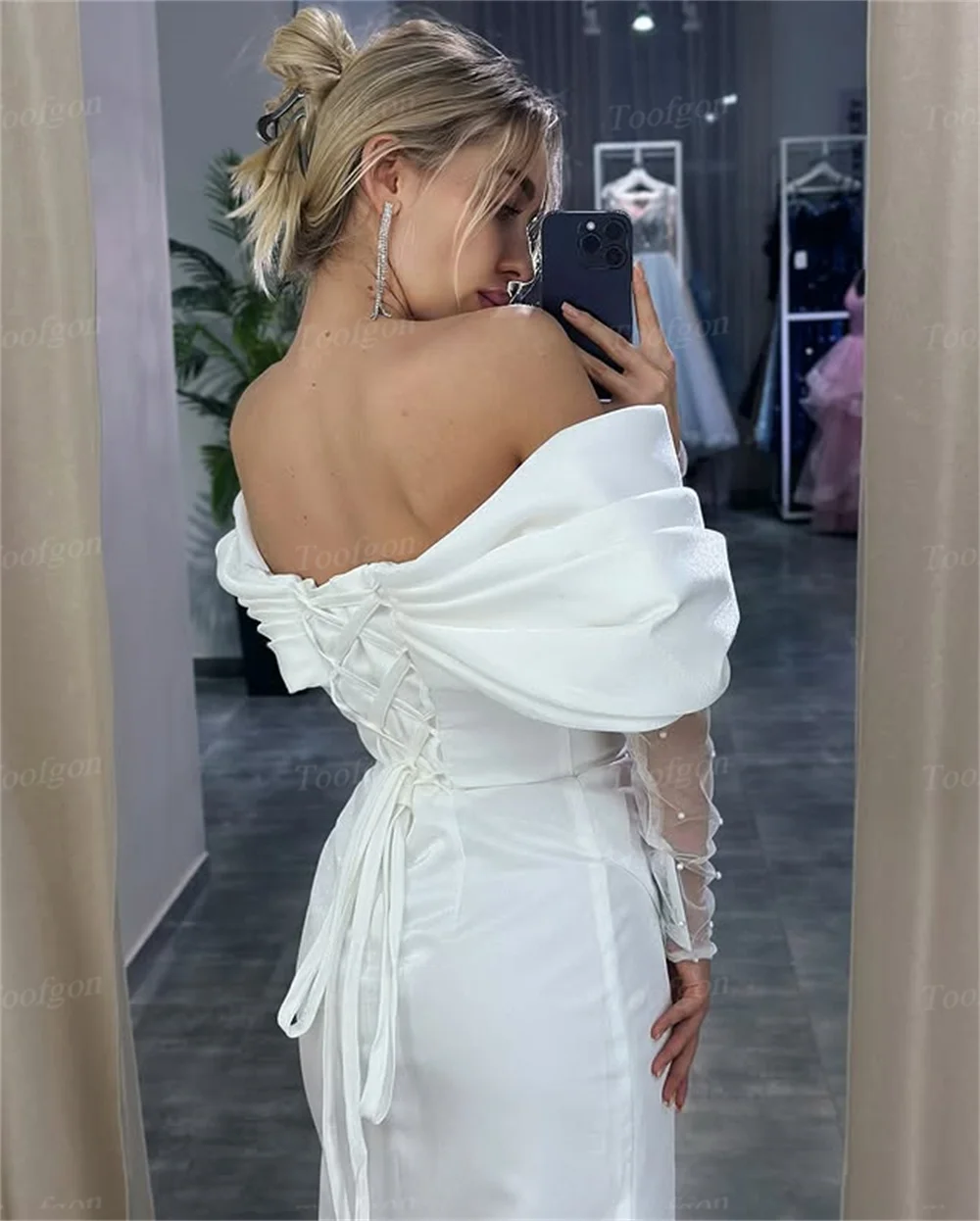 Toofan Mermaid ซาตินที่กําหนดเองชุดเจ้าสาวแขนยาวขาอย่างเป็นทางการ Gowns แต่งงานเจ้าสาวรัดตัวผู้หญิงการถ่ายภาพชุด