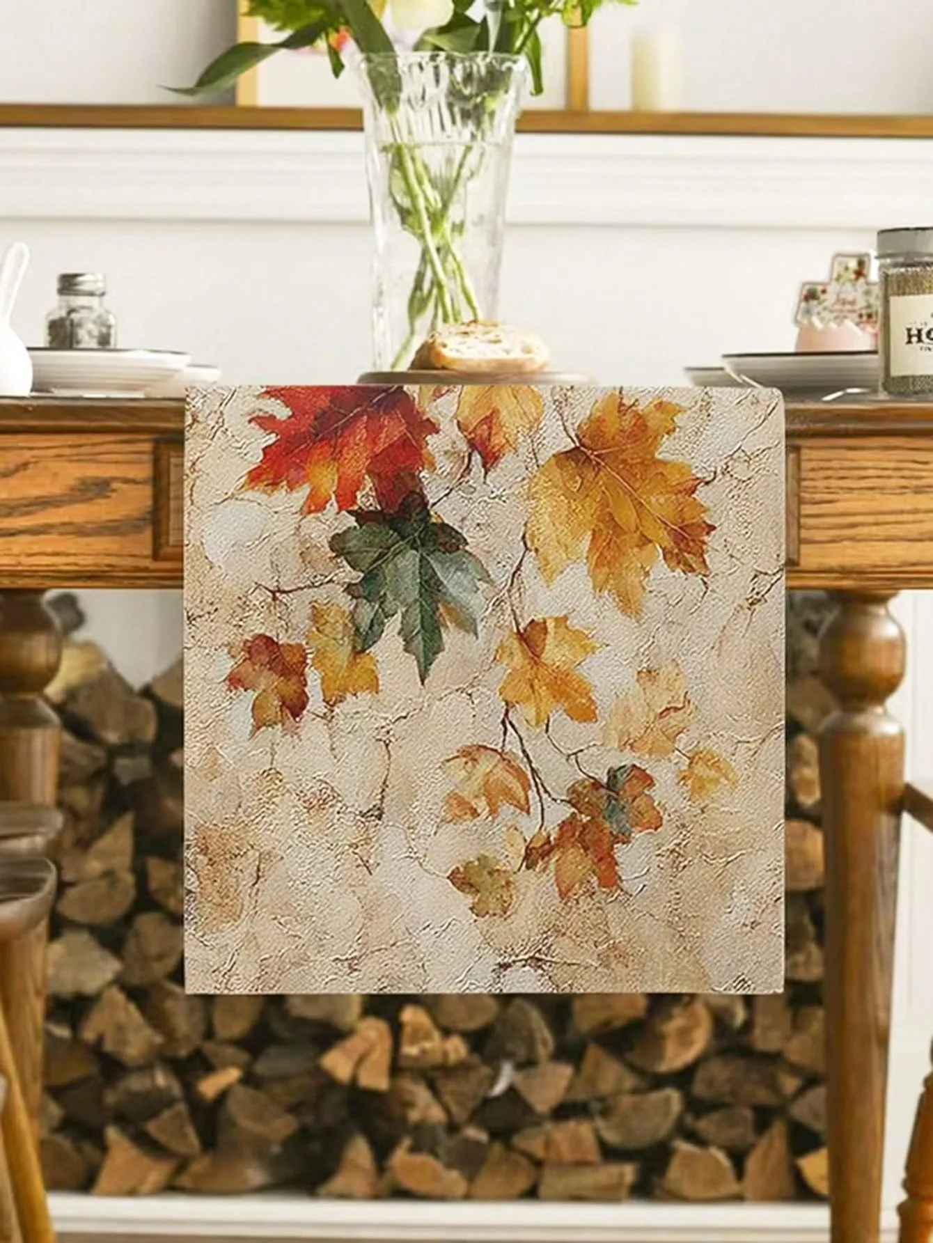 1pc Rustic Autumn Maple Leaf Oil Painting Pattern Table Runner for Dining Kitchen Living Room Fall Thanksgiving Dinner Party