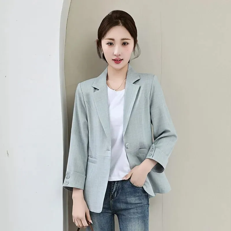 

2025 New Spring Summer Short Thin Suit Jacket Women Fashion Seven Points Sleeve Tops Casual Mom Slim Blazer Coat Female B1192