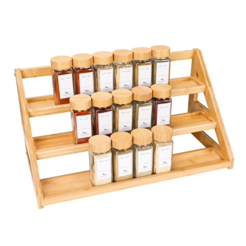 

2026 Hot Sale Bamboo Tiered Spice Rack Wooden Spice Shelf Organizer Cabinet Seasoning Rack for Kitchen Countertop