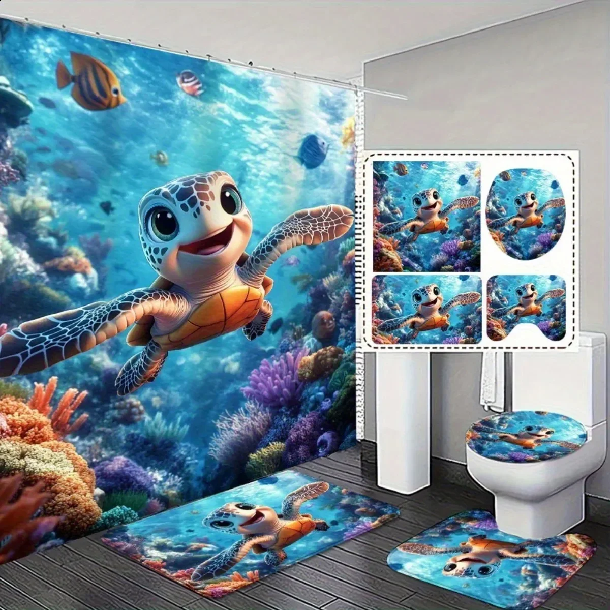 4 Pcs Sea Turtle Shower Curtain Set Waterproof Fabric Bath Curtain Ocean Fish Non-Slip Bath Mat Toilet Lid Cover Decor