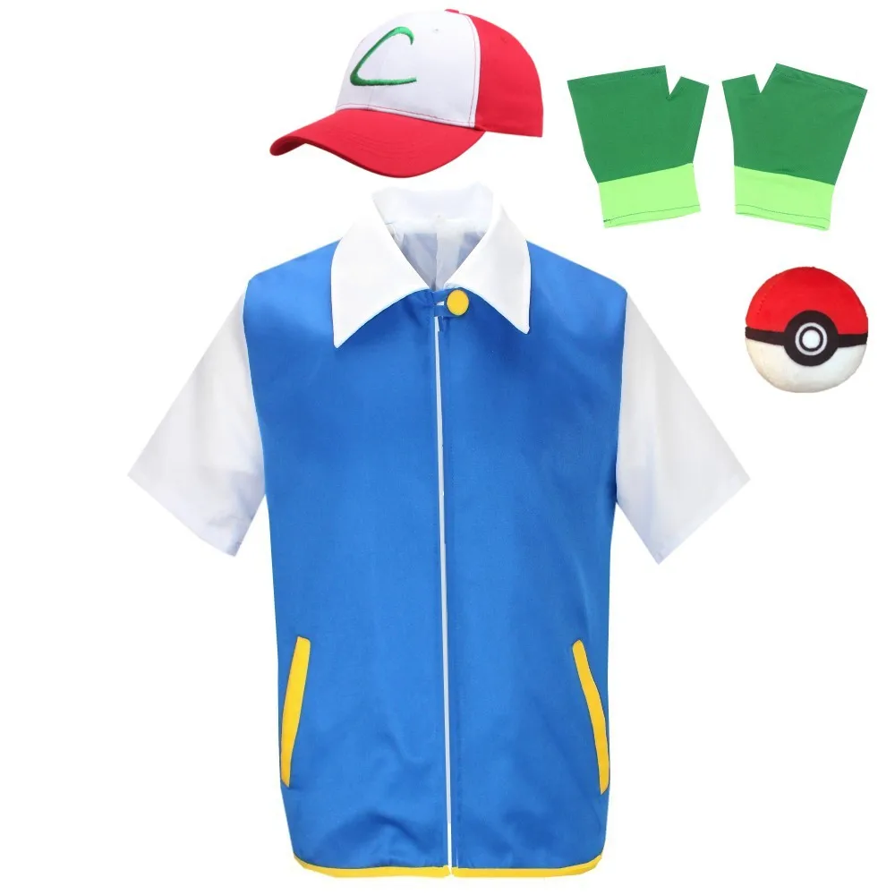 4 Stück Potde miel Asche Ketchum Cosplay Kostüm blauen Mantel Hut Handschuhe Set Anime Halloween Kostüme Kleidung Jacke Outfits