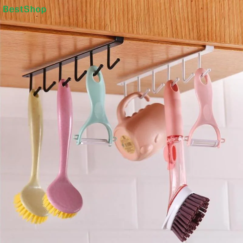 ☪Under Cabinet Mug Rack,6 Hooks Hanging Coffee Cup Holder for Kitchen Cabinets (Black & White)