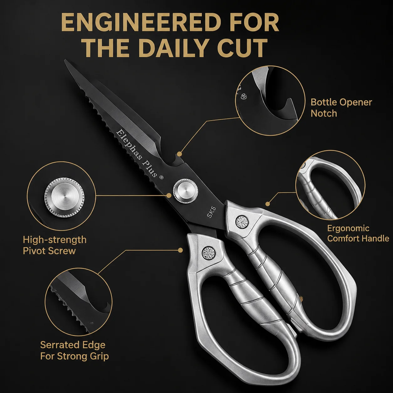 Kitchen Scissors Black Titanium Stainless Steel Strong Chicken Bone Shears Household Chicken Duck Goose Bone Scissors