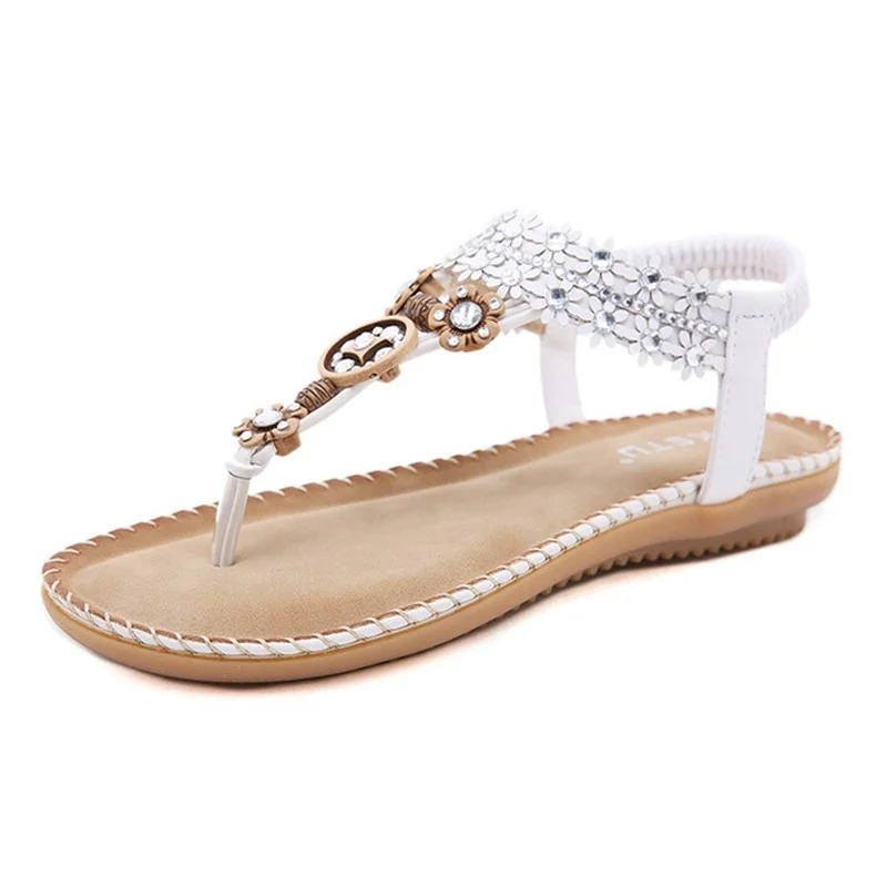 Women\'s Flats Sandals Water Drill Flower Non Slip Flat Shoes Wood Bead Elastic Band Solid Color Leisure Summer Casual Gladiator
