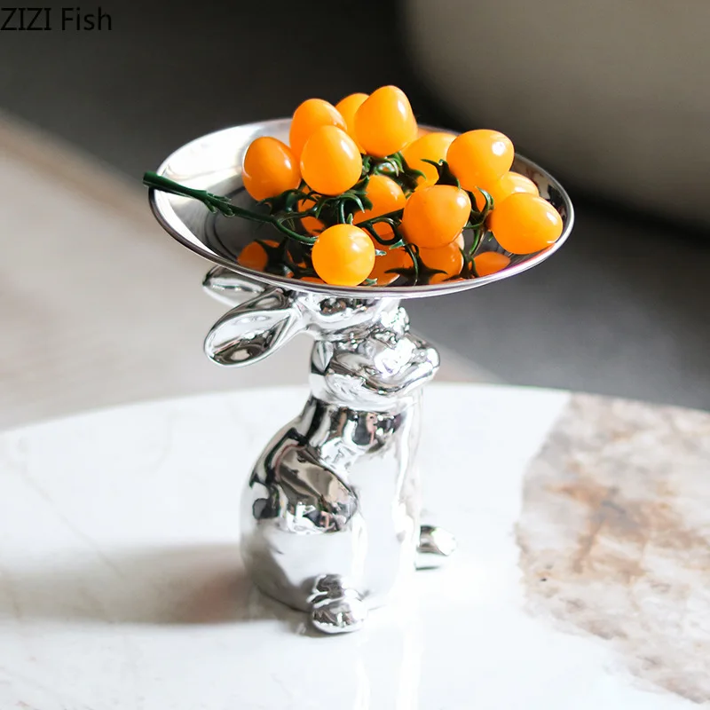 

Animal Ornaments Rabbit Metal Fruit Plate Storage Tray Dessert Plate Cake Pan Dim Sum Dish Snack Plates Jewelry Tray Candy Bowl