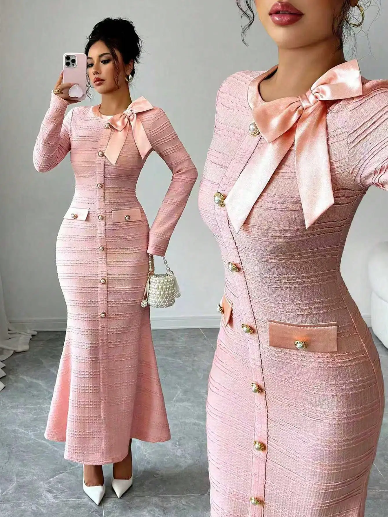 

Pink Textured Knit Long Sleeve Fitted Dress with Bow Collar and Pearl Buttons