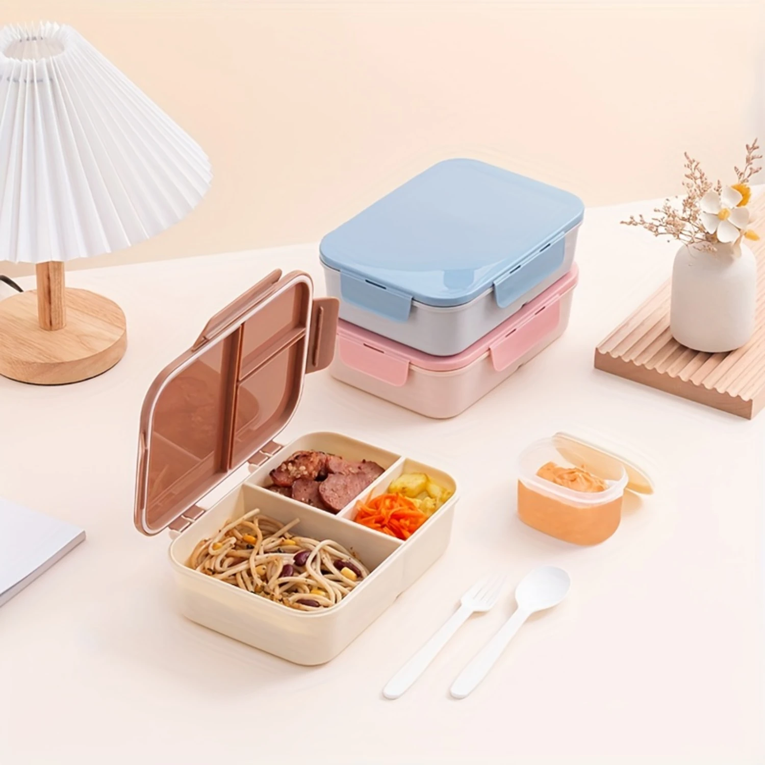 3-Compartment Foldable Bento Box - Leak-Proof, Portable & Stylish - Perfect for Students & Adults - Includes Forks & Spoons - Id