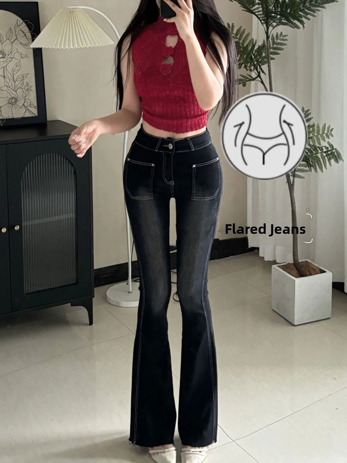

Korean Style High Waist Bell Bottom Jeans Plump Hip Super Long Legs Proportion High Waist Long Cotton Stretch Denim Jeans