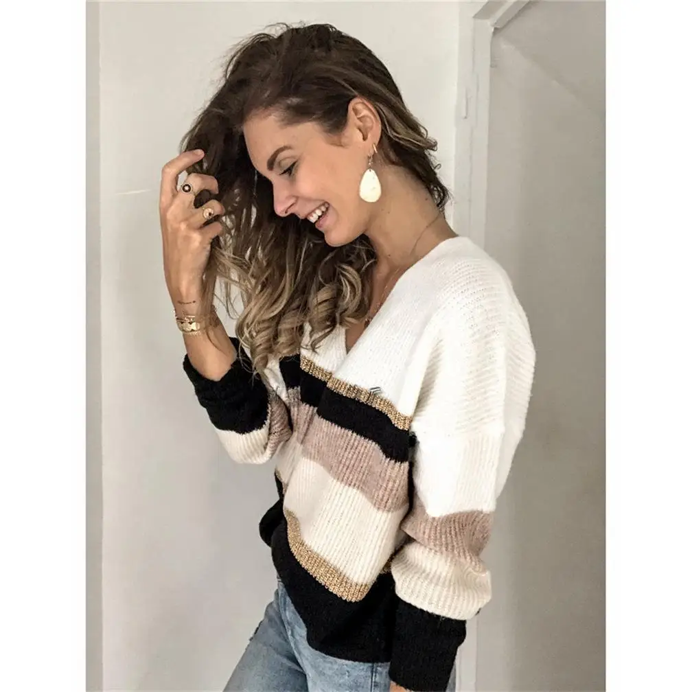 

Women's Knitted V-Ne Sweater Autumn Winter Striped New Sle Long Sve Crew Ne Pullover Knitwear Faion Casual Top
