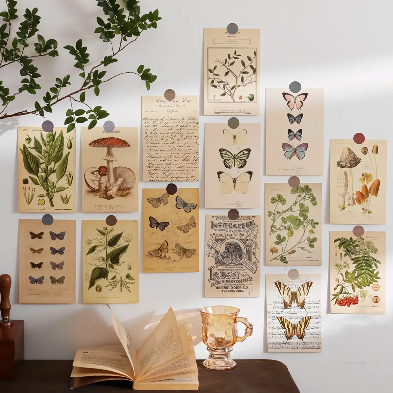 30Pcs Wall Stickers Biological Specimen Series Butterflies Mushroom Plant Wall Art Living Room Decorative Cards Home Decor