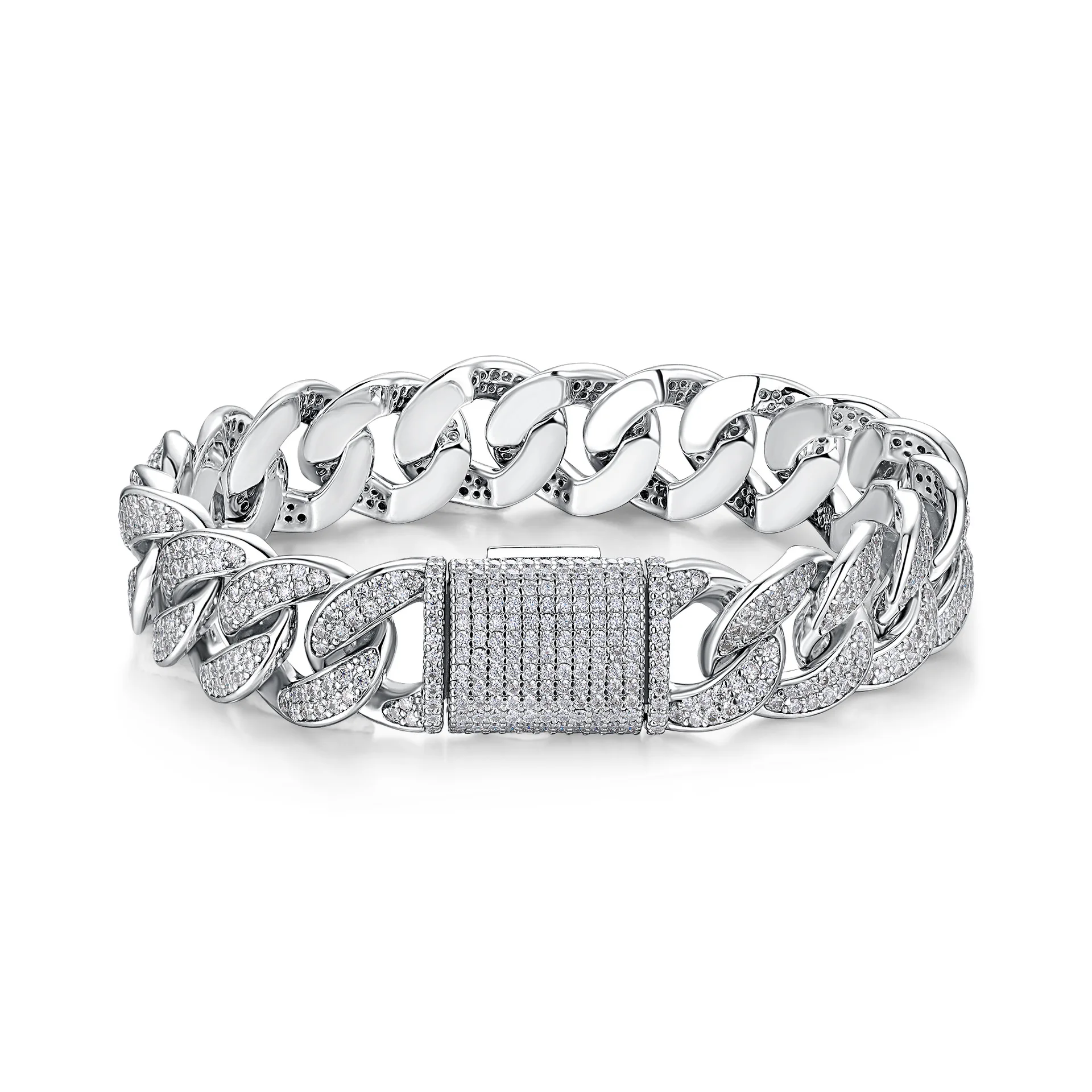 

Hip-Hop Iced Out Cuban Link Bracelet, S925 Silver Unisex Street Style Shiny Moissanite Luxury Stackable Fashion Jewelry