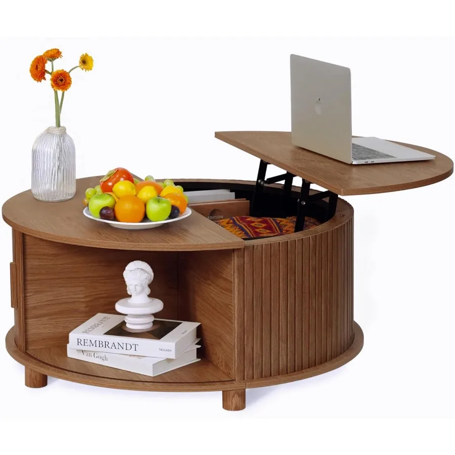 Round Lift Top Coffee Table with Storage Mid Century Modern Center Table with 180 Sliding Tambour Door Small Circle Wood Fluted