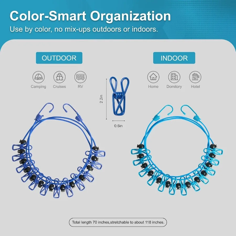 عبوتان من حبل الغسيل المحمول للتخييم للسفر مع 12 مشبكًا، مجموعة حبل غسيل قابلة للسحب مقاومة للرياح باللون الأزرق للتخييم في رحلة المنزل #4