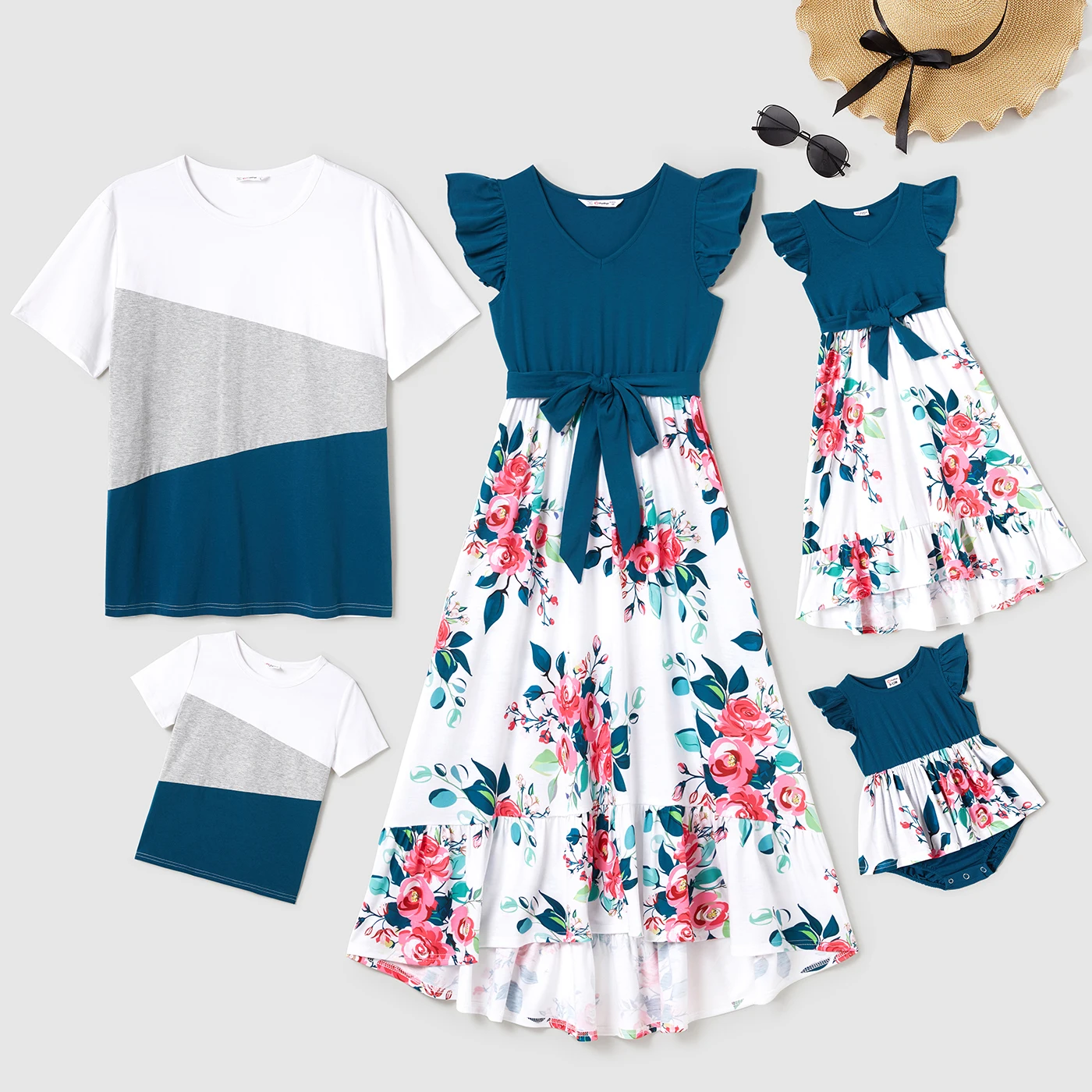 

PatPat Family Matching Solid V Neck Flutter-sleeve Splicing Floral Print Dresses and Short-sleeve Colorblock T-shirts Sets