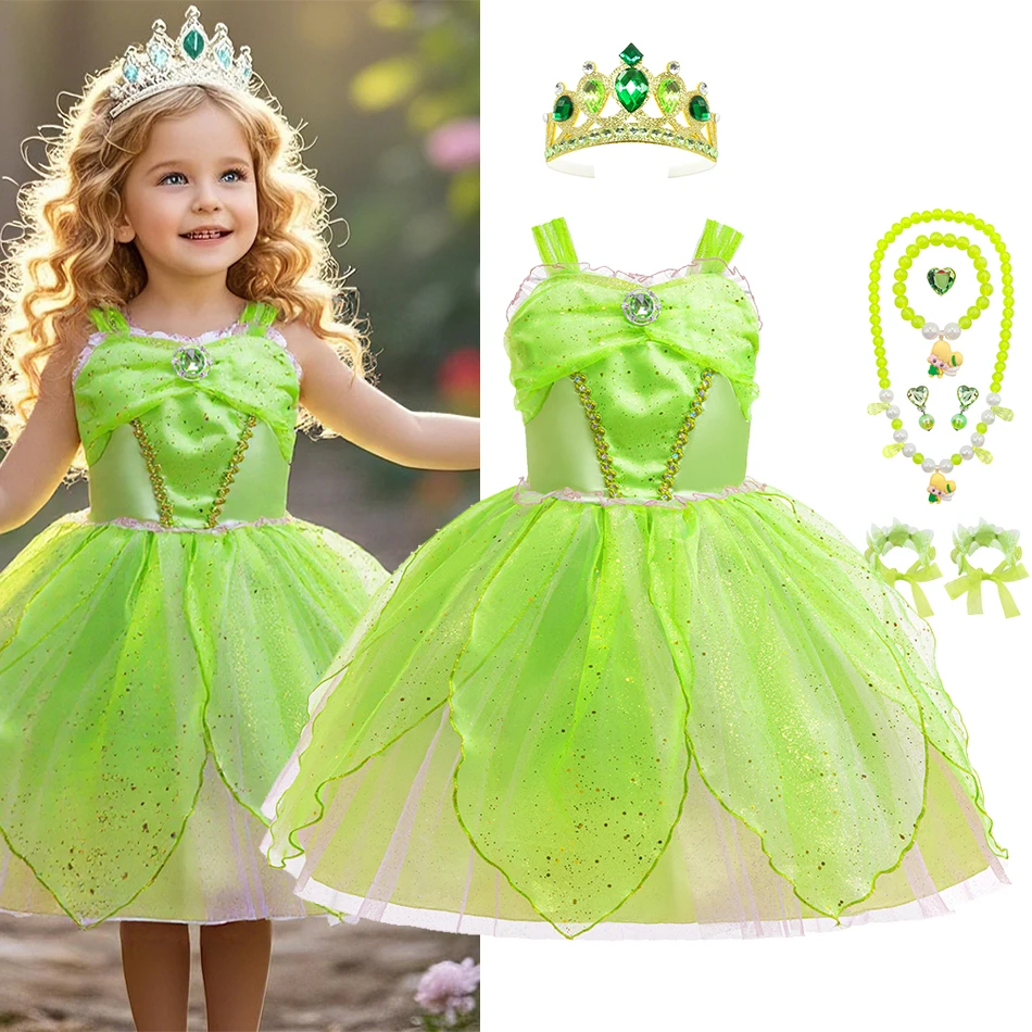 

Disney Luxury Princess Dress Girls Tinklebell Green Fairy Costume Children Forest Elf Stage Performance Fantasy Leaf Clothes