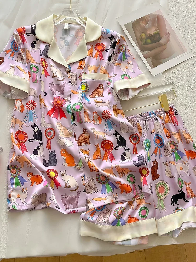 

New Printed Cat Pajamas Summer Short sleeved Shorts Silk Home Clothes Two piece Set