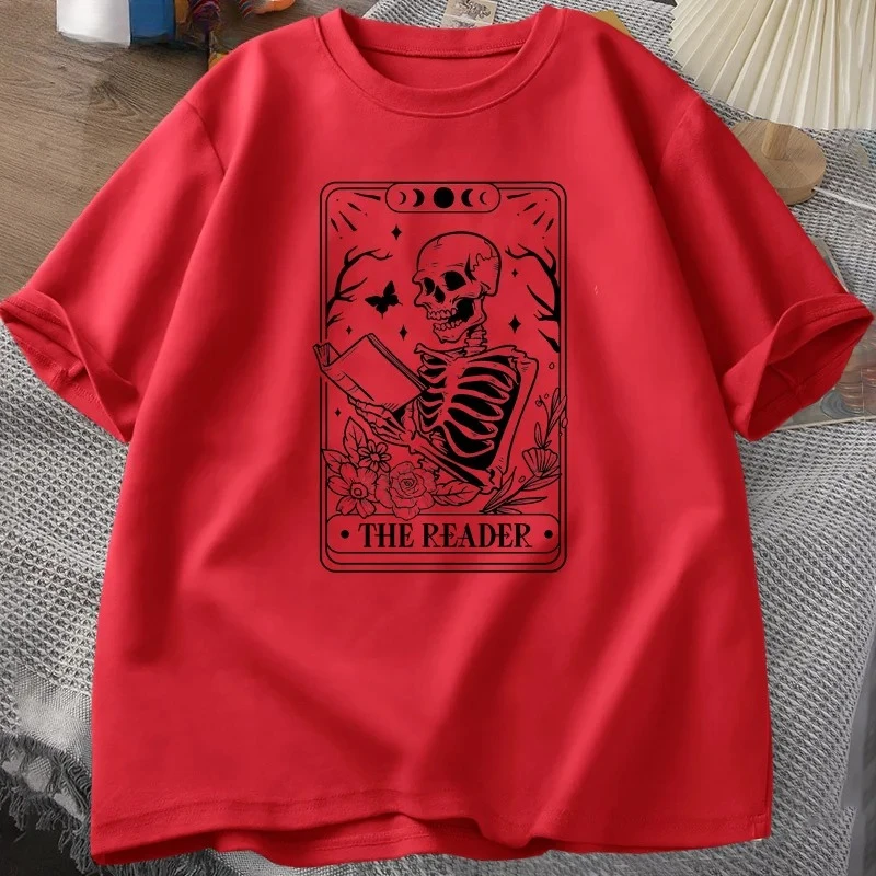 

The Reader Tarot Card T-Shirt Skeleton Reading T Shirt Summer Book Lover Bookish Tshirt Women Tees Graphic T Shirts Summer Y2K