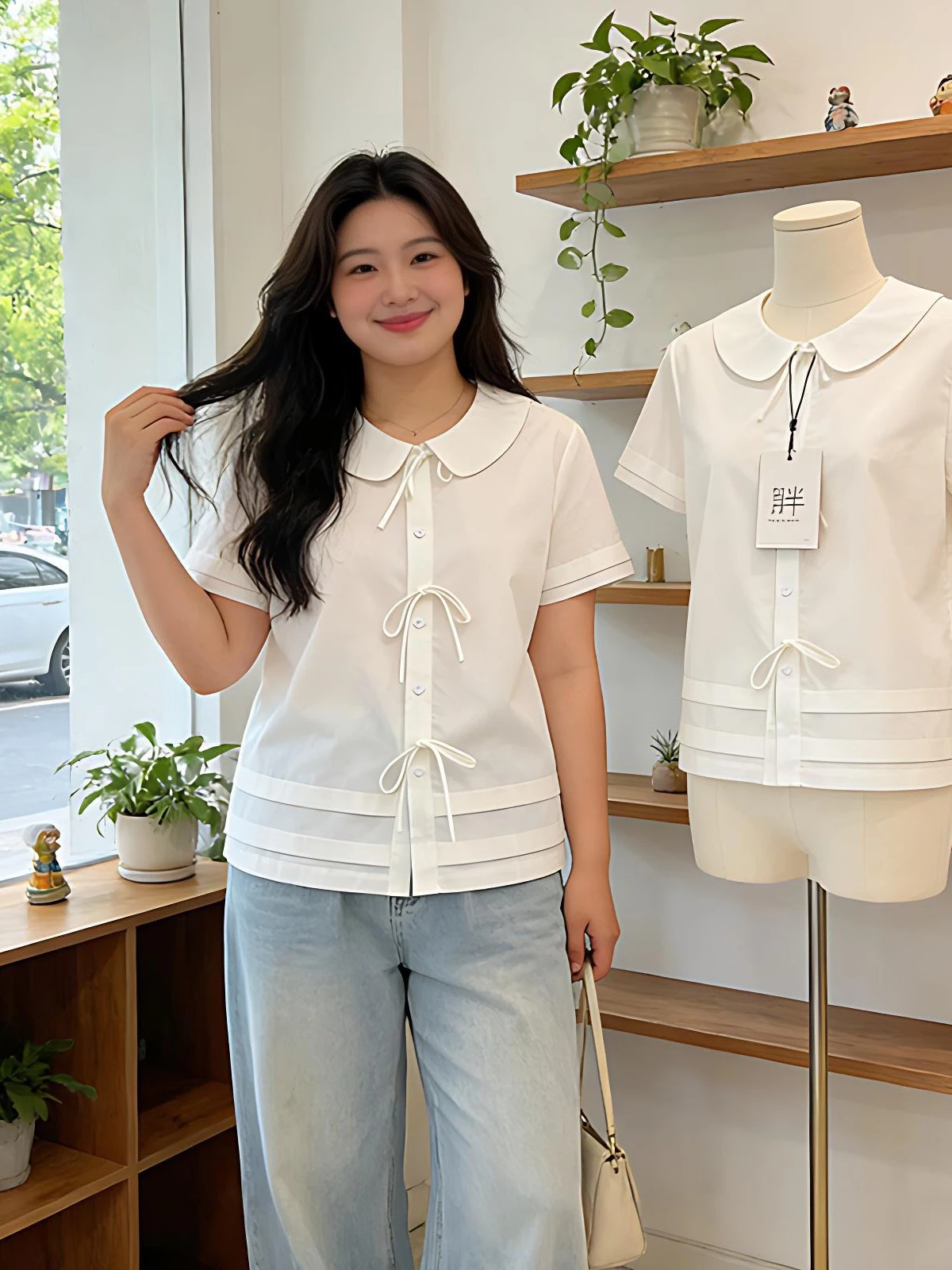 

Loose Short Sleeve Pleated Collar Knot Women's Shirt Summer New Style Slimming Design Korean Style Commute Shirt