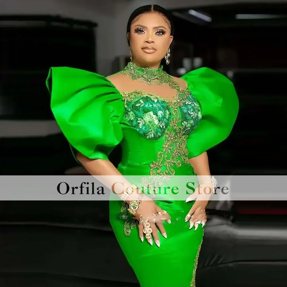 Aso Ebi Green Mermaid Prom Dresses Sequins Lace Puffy Sleeves African Evening Gowns Women Formal Occasion Party Gowns